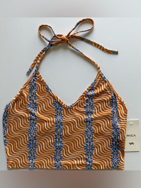 RVCA Retro Floral Halter Crop Top NWT Orange Blue Festival Boho